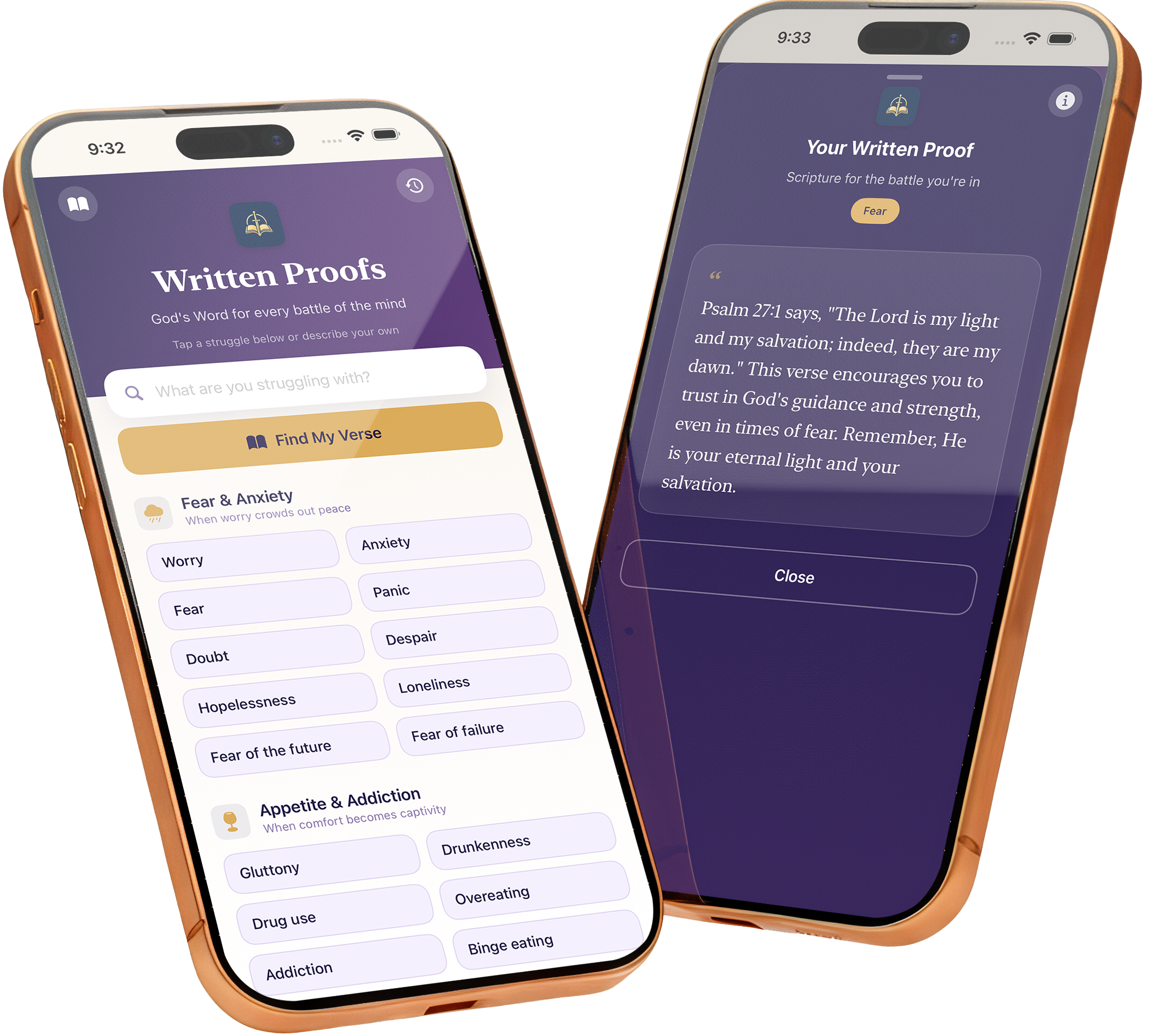 Written Proofs app showing struggle categories and Scripture responses